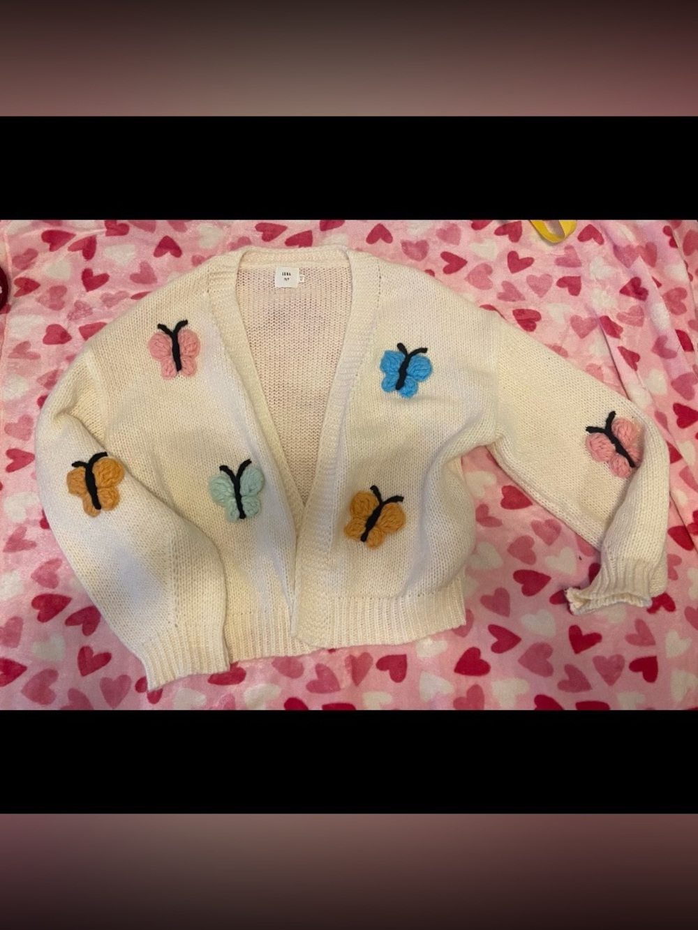 Luna Ivy Cream Butterfly Appliqué Open Cardigan Sweater